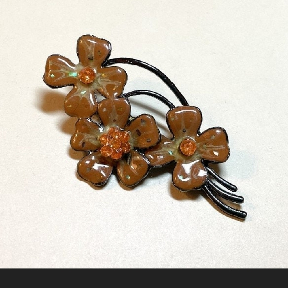 Vintage Orange and Brown Floral Brooch